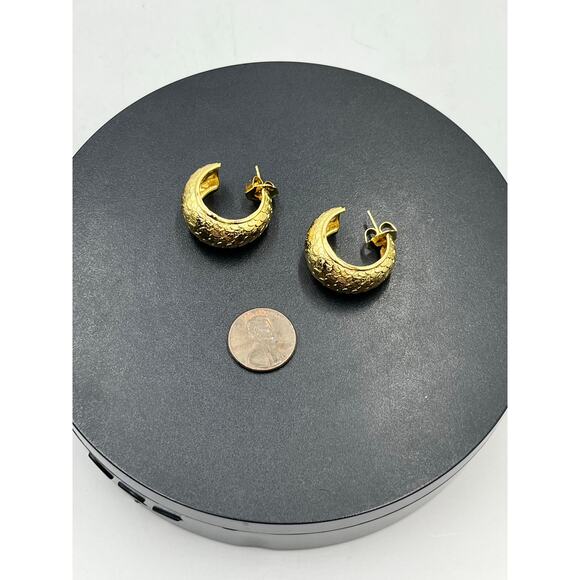 Bellezza Italy Hammered Textured Gold Tone Chunky Half Hoop 925 Back Earrings - Picture 14 of 14